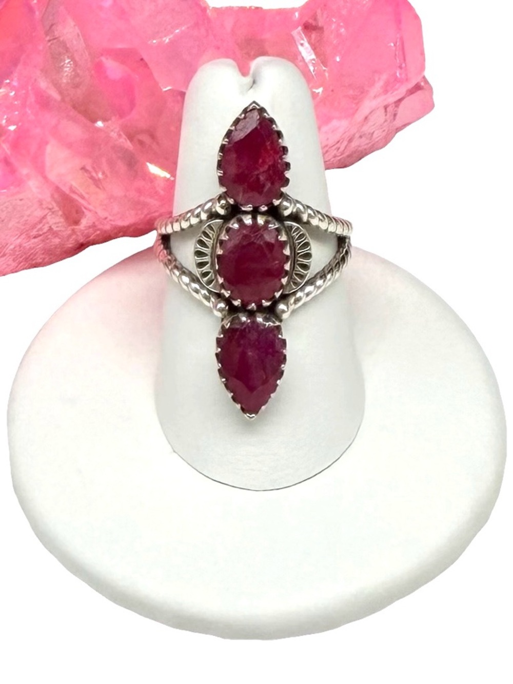 Ruby Ring Size 7 Solid 925 Sterling Silver Multi Triple Stone